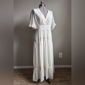 Boho bohemian pretty romantic Cream textured Maxi Dress Lace ruffle V-neck